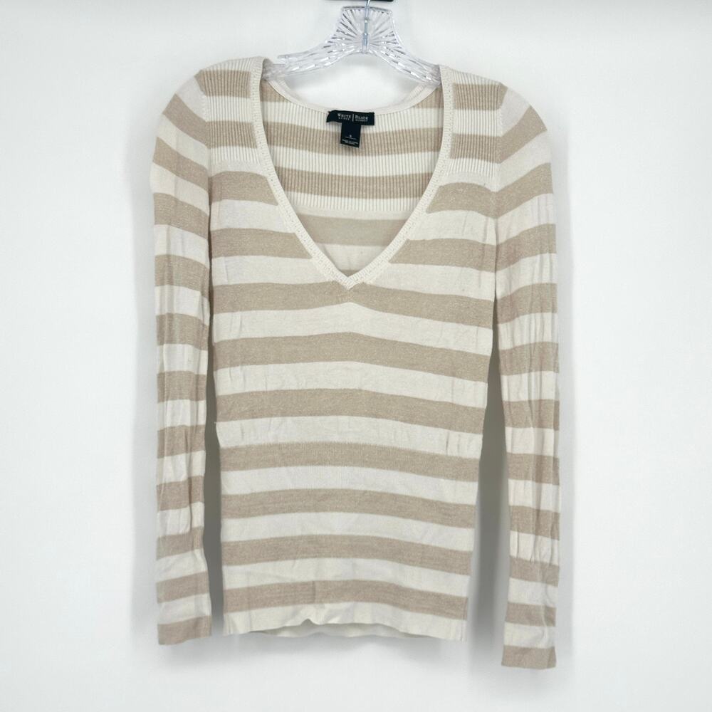 WHBM Women's Striped Shimmer V-Neck Sweaters Size Small Beige and White Pullover